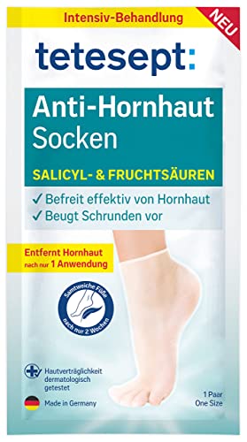 tetesept Anti Hornhaut Socken mit Salicyl- & Fruchtsäuren – Behandelt effektiv Hornhaut bereits nach 1 Anwendung – Hornhautentferner beugt Schrunden vor – 1 One Size Paar im Sale